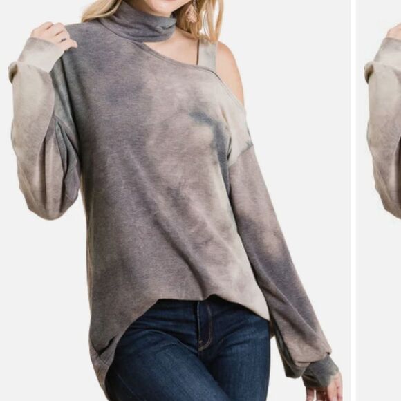 Viamor tie dye camouflage one shoulder mock turtleneck top, Small - Picture 5 of 7
